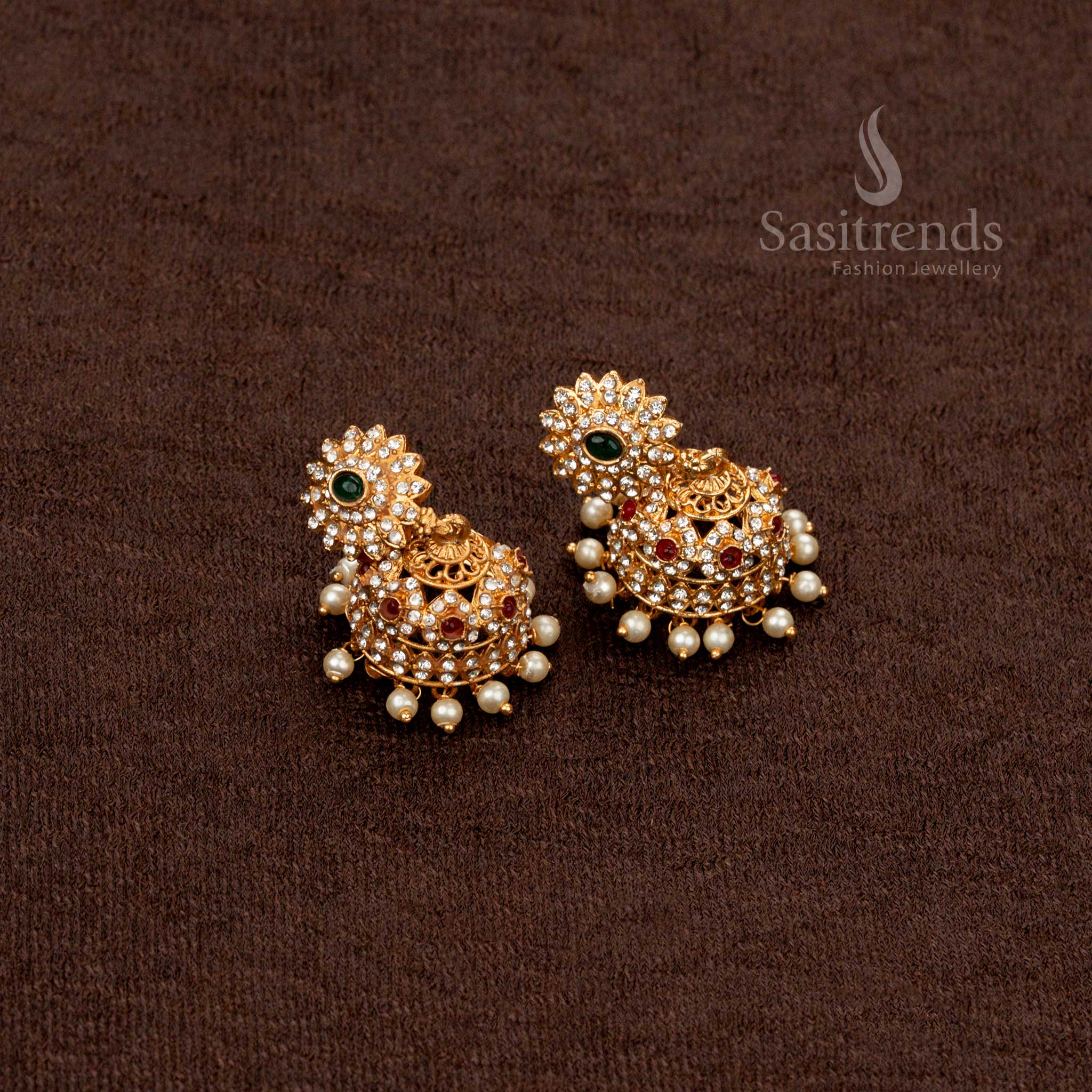 High-quality classic temple jewellery Earrings set with multi-layered chain and pearl drops - Sasitrends