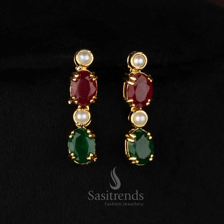 Traditional one gram micro gold plated american diamond pearl Round and Oval Teardrop motif ruby green necklace set earrings by Sasitrends