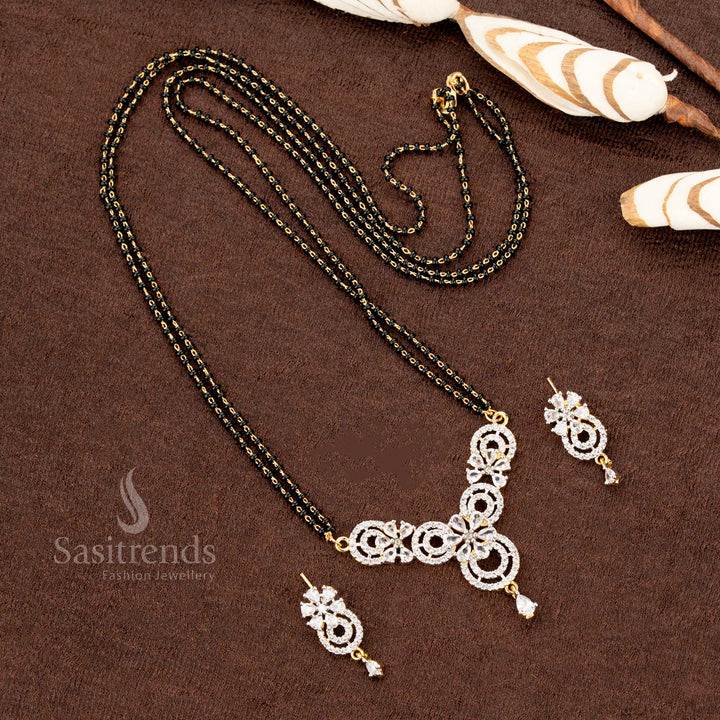 Stylish American Diamond Pendant Set with Mangalsutra Chain – Circular Floral Motif with Earrings - Sasitrends