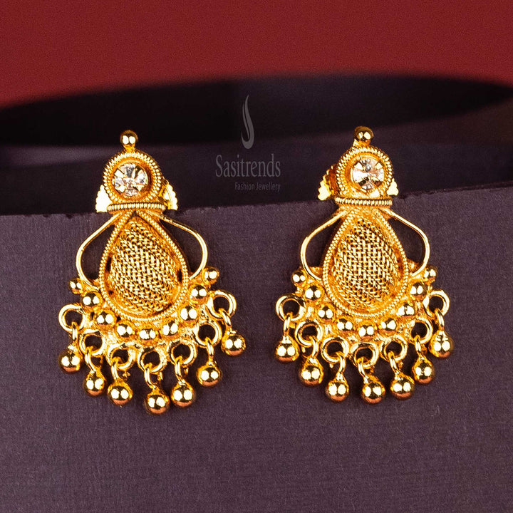 Elegant Waterdrop Mesh Micro Gold Plated Earrings with AD Stone and Golden Balls - Sasitrends