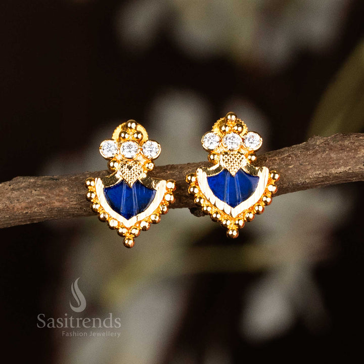 Blue Palakka earrings featuring a straight three-stone AD layout and finished in micro gold, exuding classic Kerala temple jewellery charm – traditional festive wear by Sasitrends