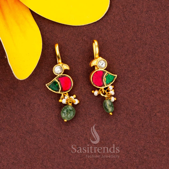 Imperial Gold Plated Parrot Jadau Kundan Earrings with Pearls for Temple Styling and Cultural Wear
