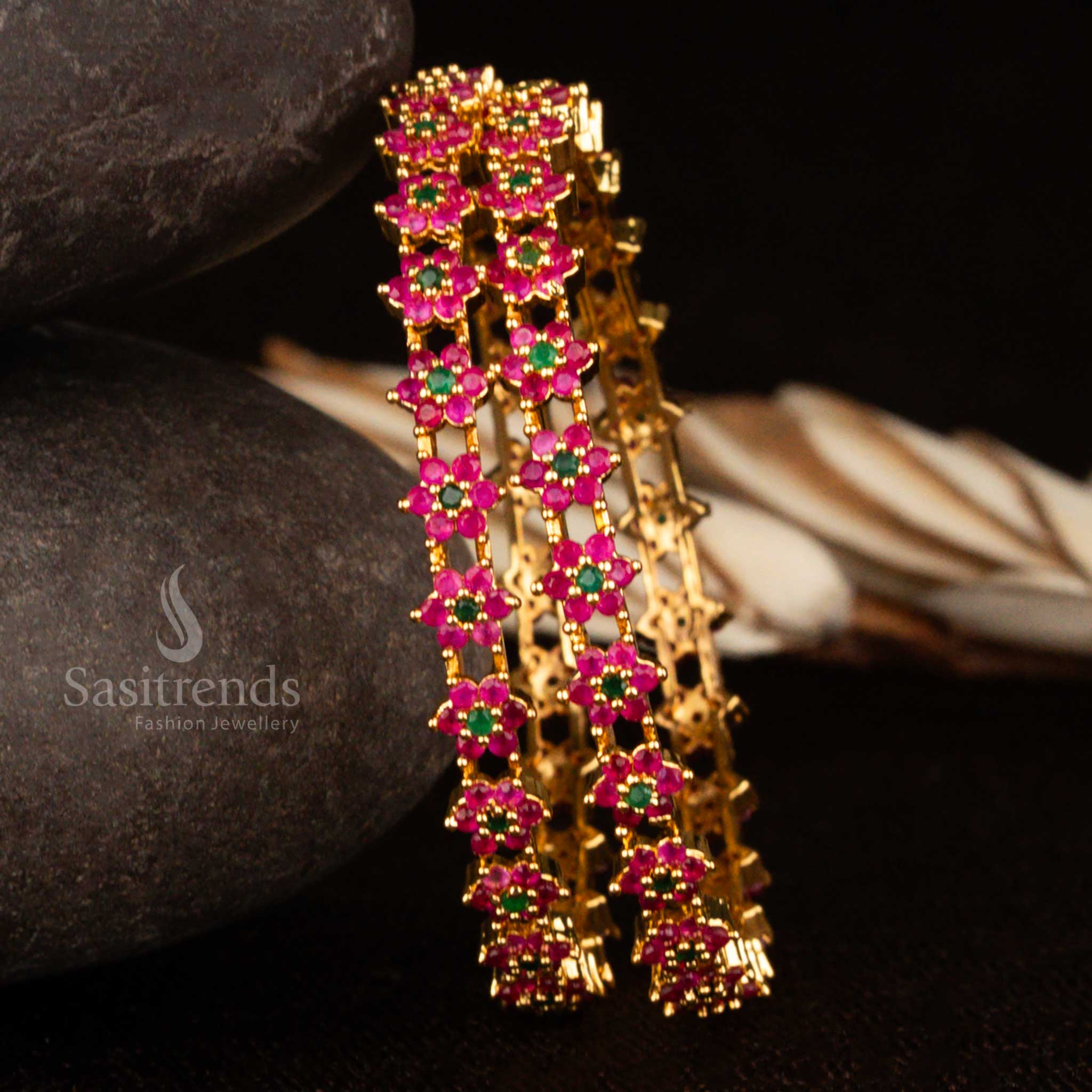 Ruby-green fusion CZ bangles in premium micro gold plating – a bold and beautiful traditional jewellery piece designed to elevate your festive look by Sasitrends