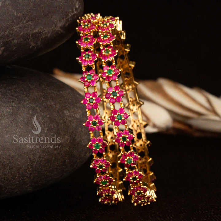 Ruby-green fusion CZ bangles in premium micro gold plating – a bold and beautiful traditional jewellery piece designed to elevate your festive look by Sasitrends