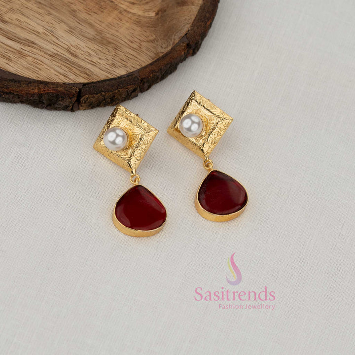 Sasitrends girls gold plated statement red earrings with intricate textured stud and balanced drop element for festive and party occasions