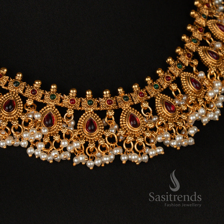 Statement heritage-style temple jewellery set with pearls, stones, and intricate carvings - Sasitrends