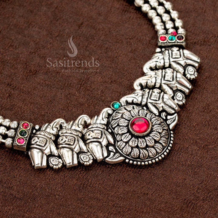 Gorgeous oxidised engraved pendant necklace jewellery set with triple-layer beads and earrings in a vintage ethnic style, perfect for traditional and fusion wear - Sasitrends