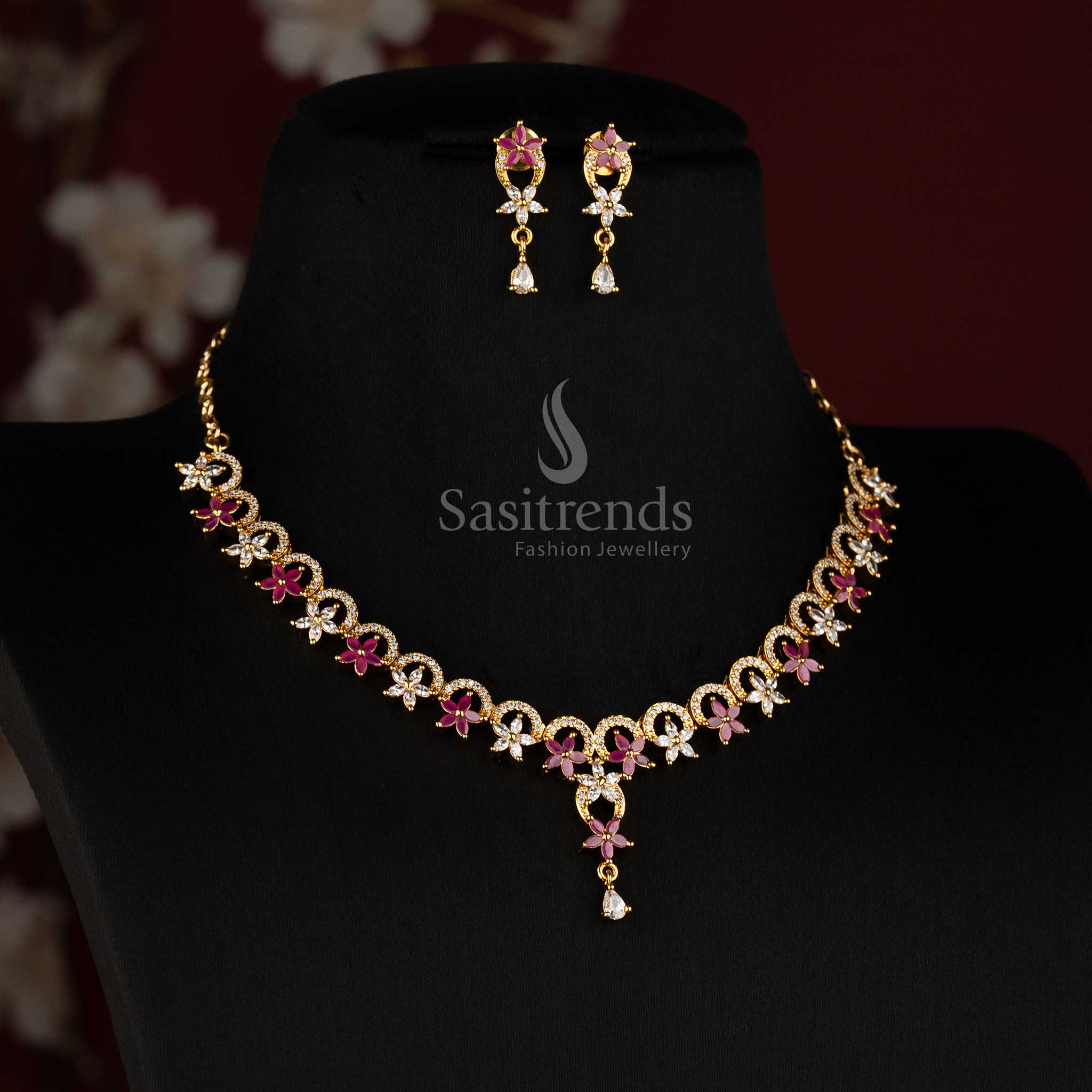 Exquisite Matte Gold Plated white ruby American Diamond Round Cut Necklace Set with Floral Petals for Festive Wear – Sasitrends