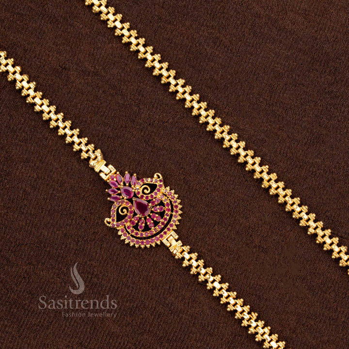 Stunning ruby floral fan Mugappu chain with one gram micro gold plating, adorned with AD stones for a luxurious saree wear jewellery piece - Sasitrends