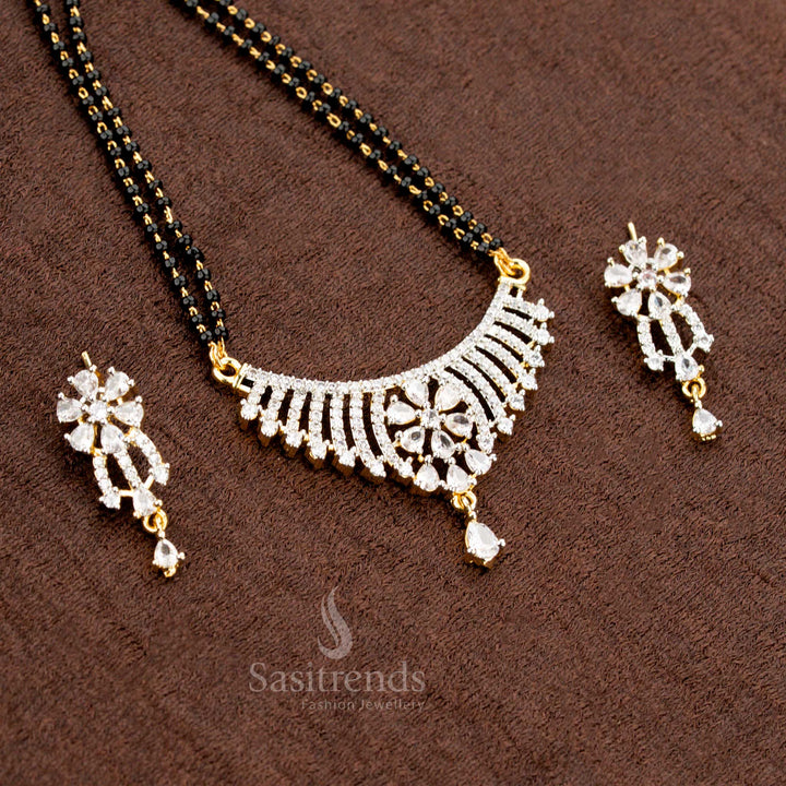 Gorgeous American Diamond Pendant Set with Floral Design – Mangalsutra Chain & Earrings Set - Sasitrends
