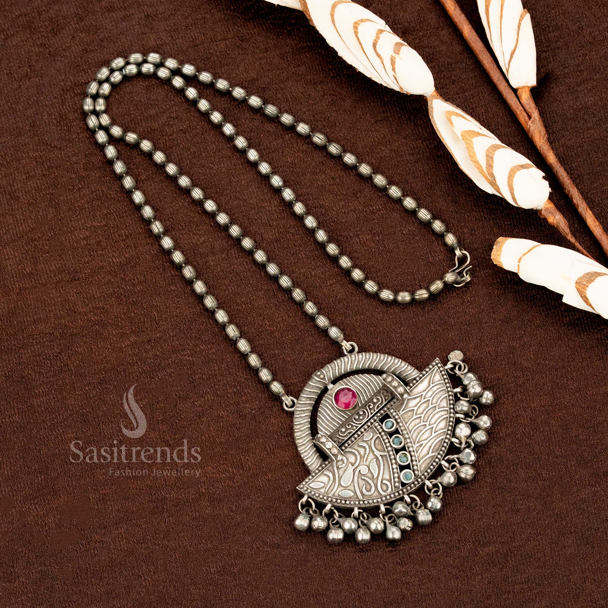 Oxidised necklace with pink stone drops and fine engraved pendant design, suitable for bridal mehendi and festive looks – Sasitrends traditional jewellery