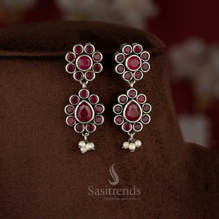 Elegant oxidised floral ruby stone necklace jewellery set styled for modern saree and festive occasions – Sasitrends 