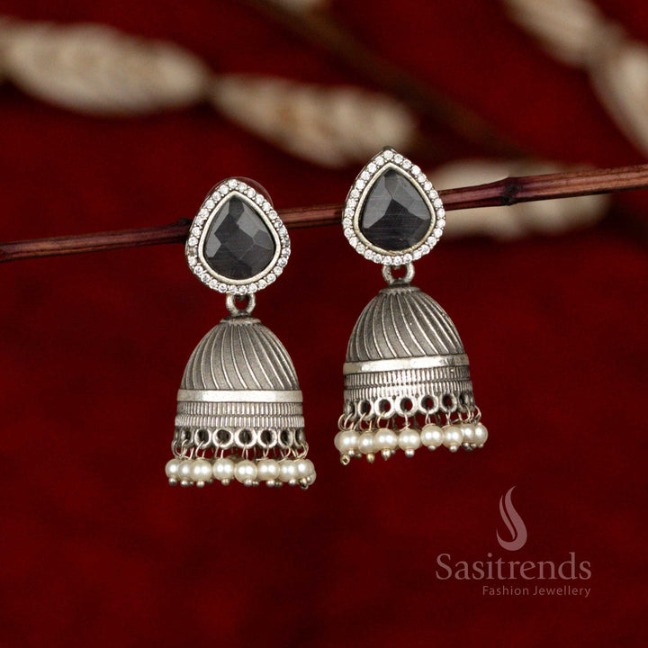 Oxidised Silver Jhumka Earrings with Stone Studded Teardrop Top and Pearl Lining - Sasitrends