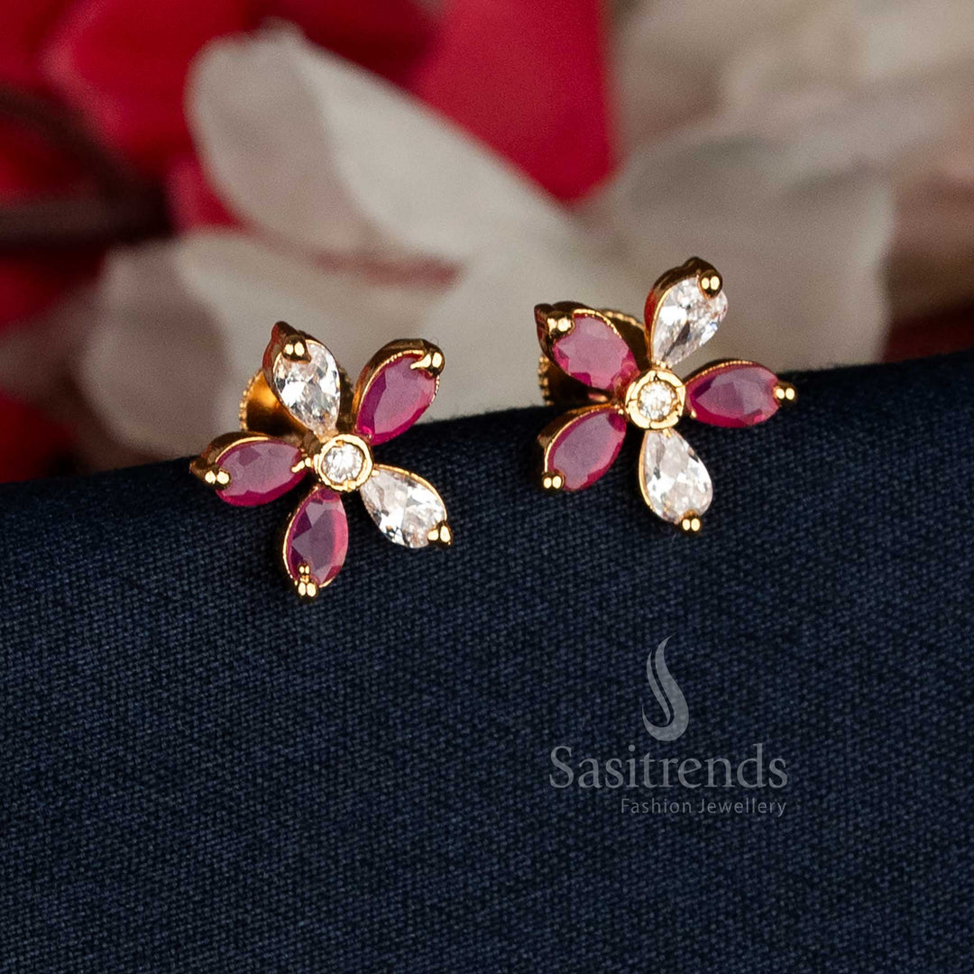 Charming White-Ruby Guaranteed Micro Gold Plated AD Stone Flower Stud Earrings adorned with sparkling gemstone highlights, designed to enhance wedding, temple, and cultural looks with a regal glow — Sasitrends