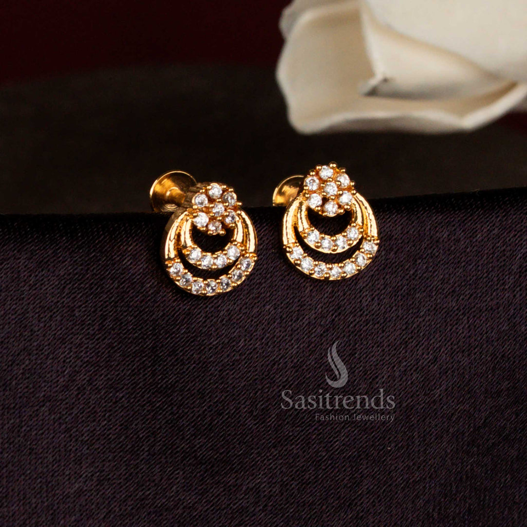 Celestial bloom white American diamond micro gold plated floral double crescent stud earrings ideal for cultural events, temple occasions, and graceful festive styling – Sasitrends
