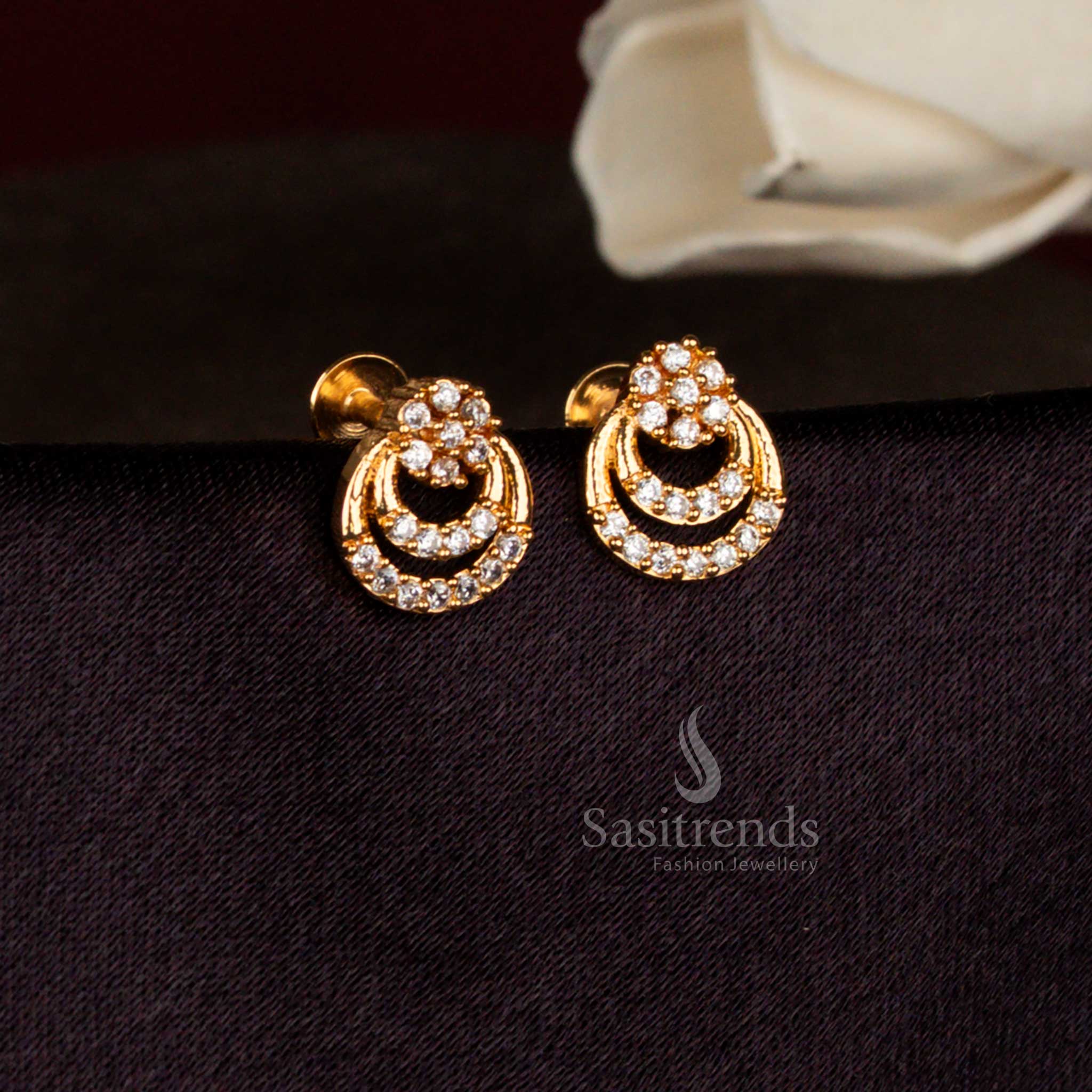 Celestial bloom white American diamond micro gold plated floral double crescent stud earrings ideal for cultural events, temple occasions, and graceful festive styling – Sasitrends