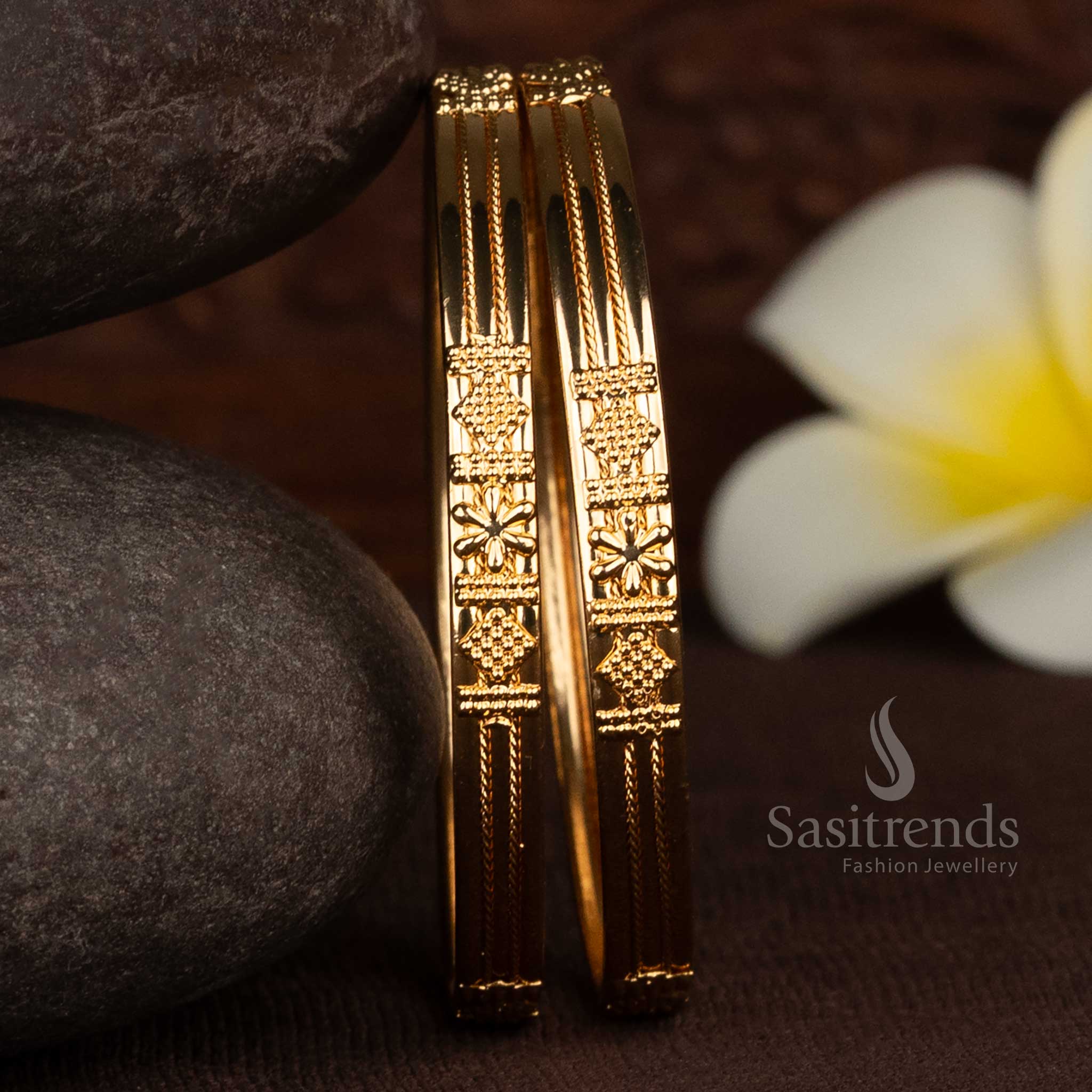  Floral and Geometric Pattern pair of 2 one gram micro gold plated daily wear bangles that look like real gold jewellery