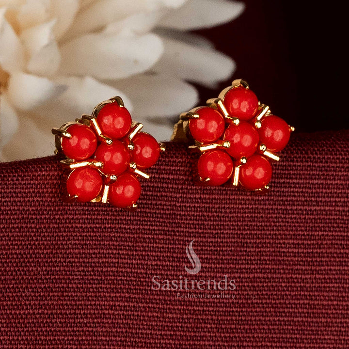 Elegant Micro Gold Plated Floral Pavalam Stud Earrings for Temple Visits & Cultural Occasions | Guaranteed