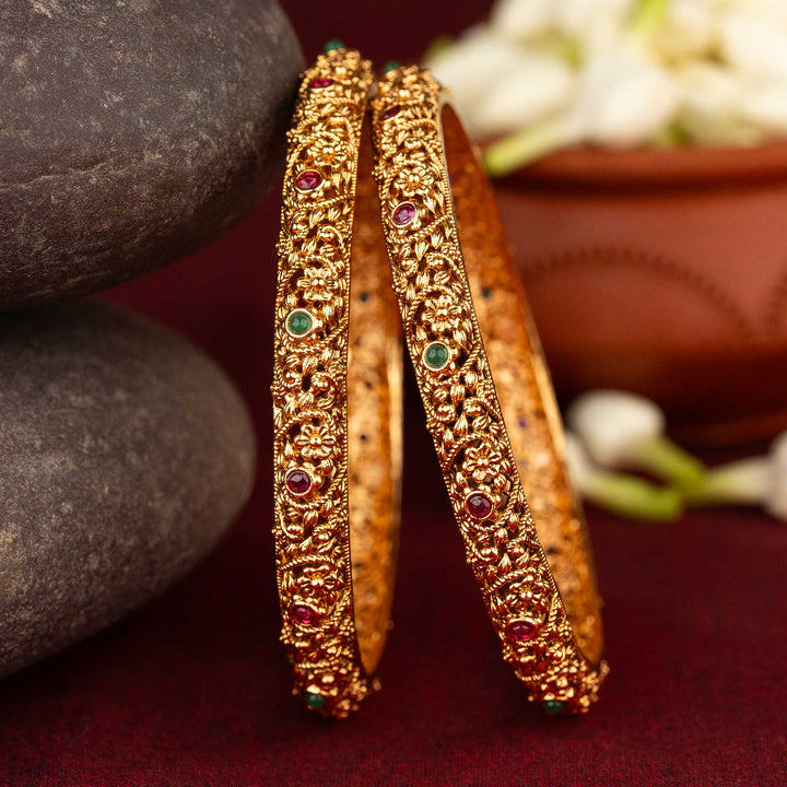Sasitrends - Antique Matte Gold Plated Bangles with Intricate Floral and Vine Motifs, AD Kemp Stones