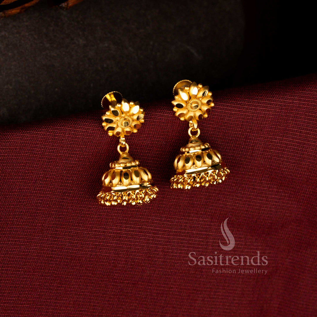 Forming micro gold plated traditional 24K Karanphool floral jhumka earrings with temple inspired dome design