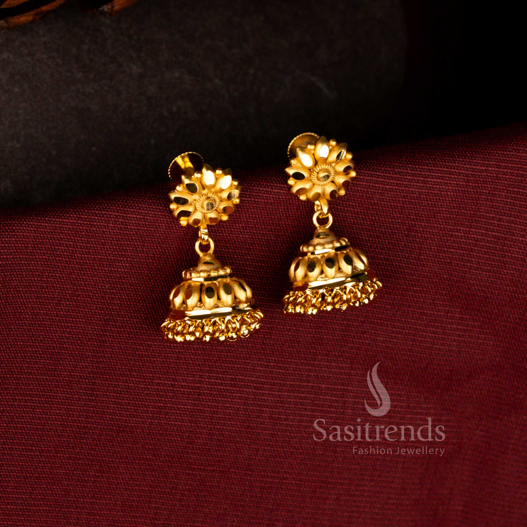 Forming micro gold plated traditional 24K Karanphool floral jhumka earrings with temple inspired dome design