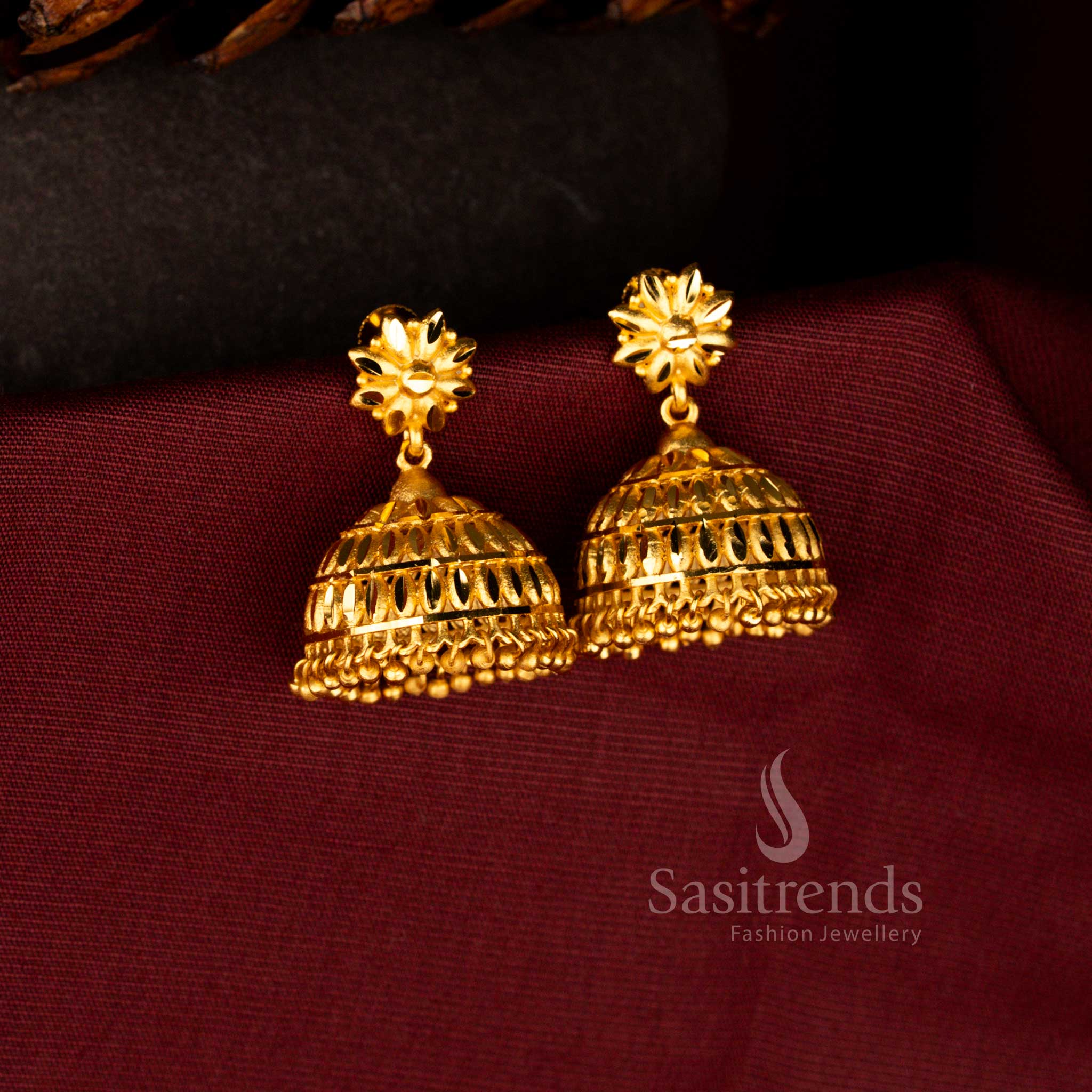 Forming micro gold plated traditional 24K tiered scallop floral jhumka earrings with temple inspired layered dome