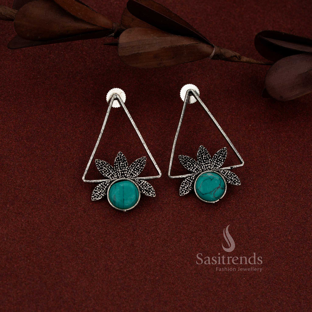 Geometric oxidised earrings designed in an isosceles triangle form highlighted with round turquoise stones