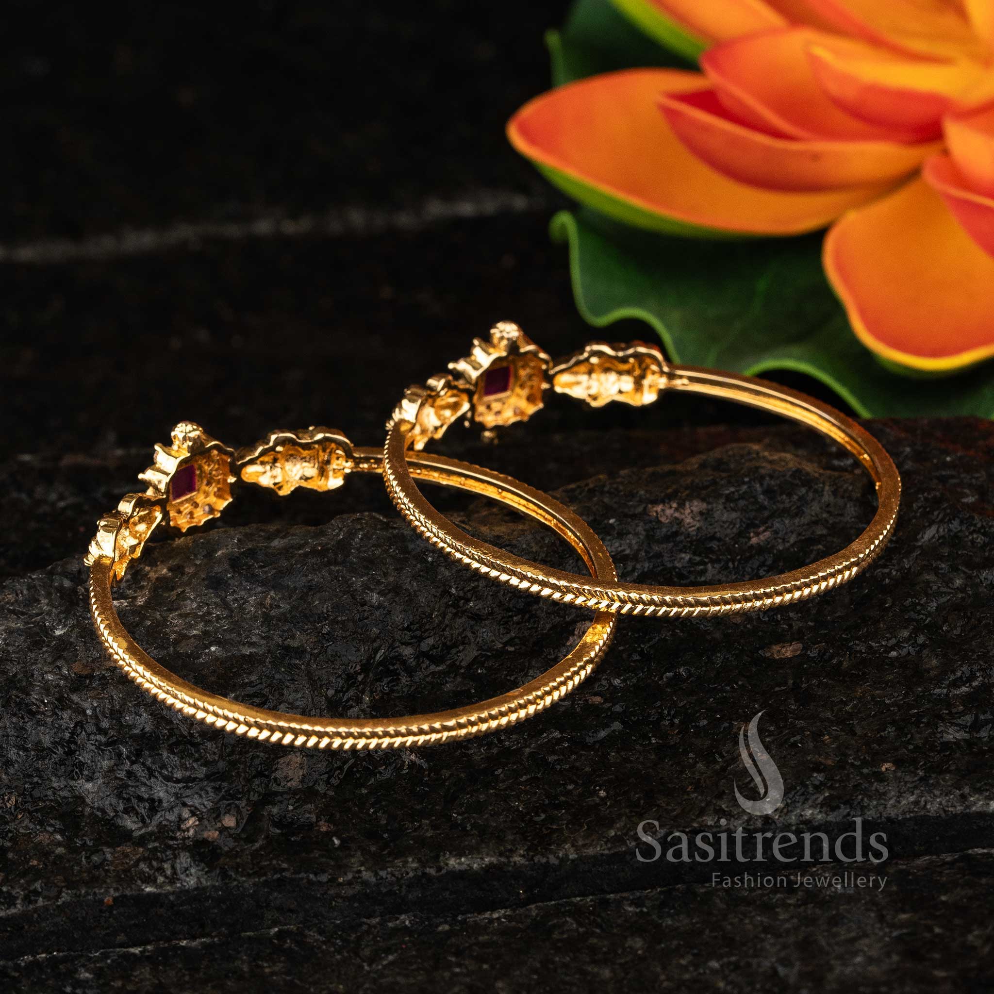 Exquisite Goddess Lakshmi Temple Kada Bangle adorned with a central square motif 
