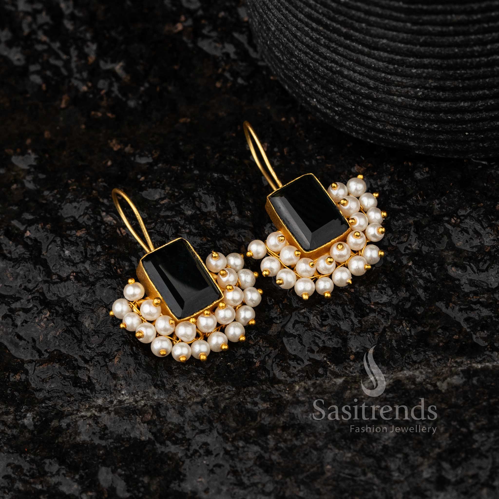 Gold Plated Black Monalisa Stone Fish Hook Earrings Casual Wear