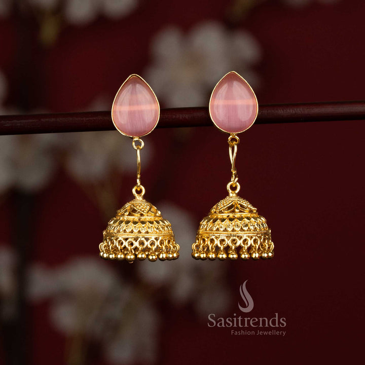 Trendy Gold Plated Pear and Round Motif Jhumka Earrings | Perfect for Party Wear Styling and Fashionable Outfits