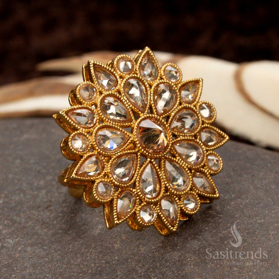 Antique gold-plated floral ring with shimmering white stones and intricate detailing - Sasitrends