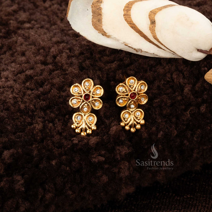 attractive matte gold plated ruby and  green floral motif necklace with earrings - Sasitrends