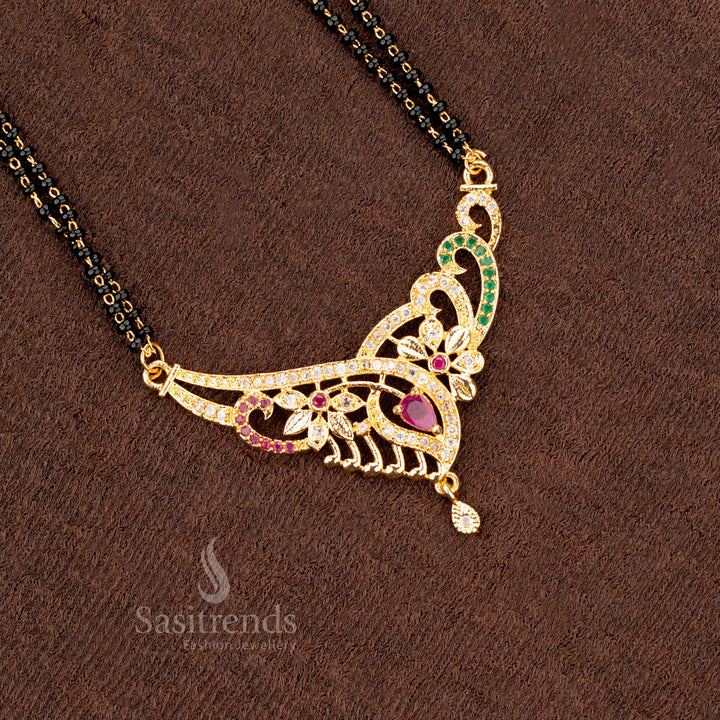 Divine black beads Mangalsutra with a micro gold plated chain and a stunning American Diamond floral pendant, a beautiful ethnic jewellery piece - Sasitrends