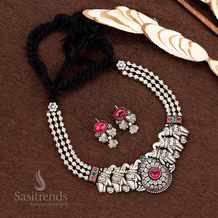 Stunning antique-finish oxidised necklace jewellery set featuring a statement pendant with layered beads and matching earrings in an elegant bohemian design - Sasitrends