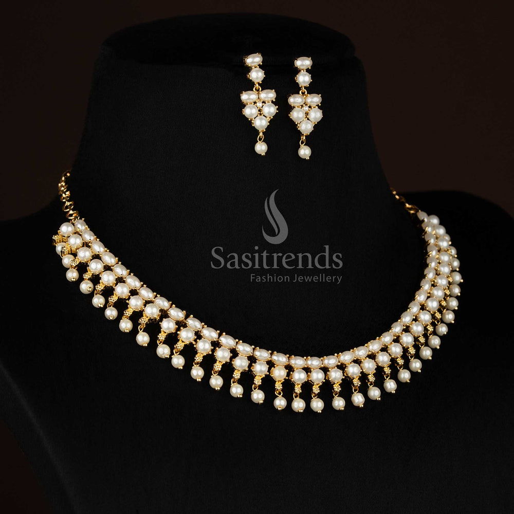 Guaranteed one gram real gold look micro gold plated american diamond pearl fringe necklace set by Sasitrends