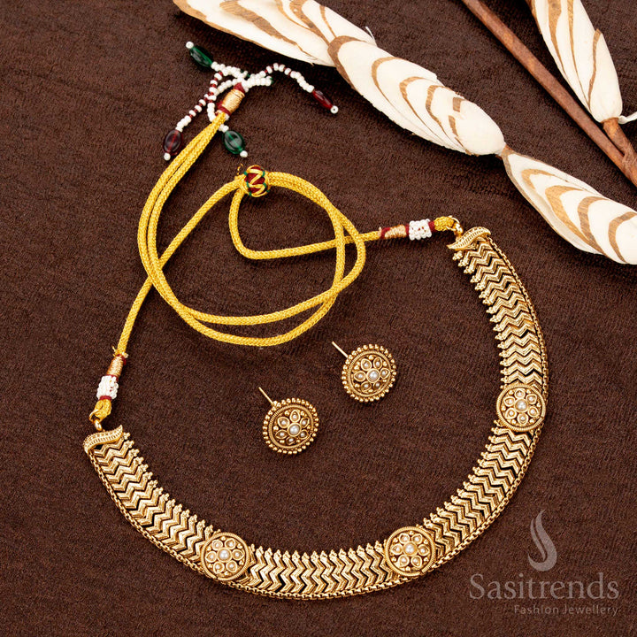 Exquisite antique gold necklace set featuring white AD stone round floral motifs, a stunning traditional jewellery piece for weddings and celebrations - Sasitrends