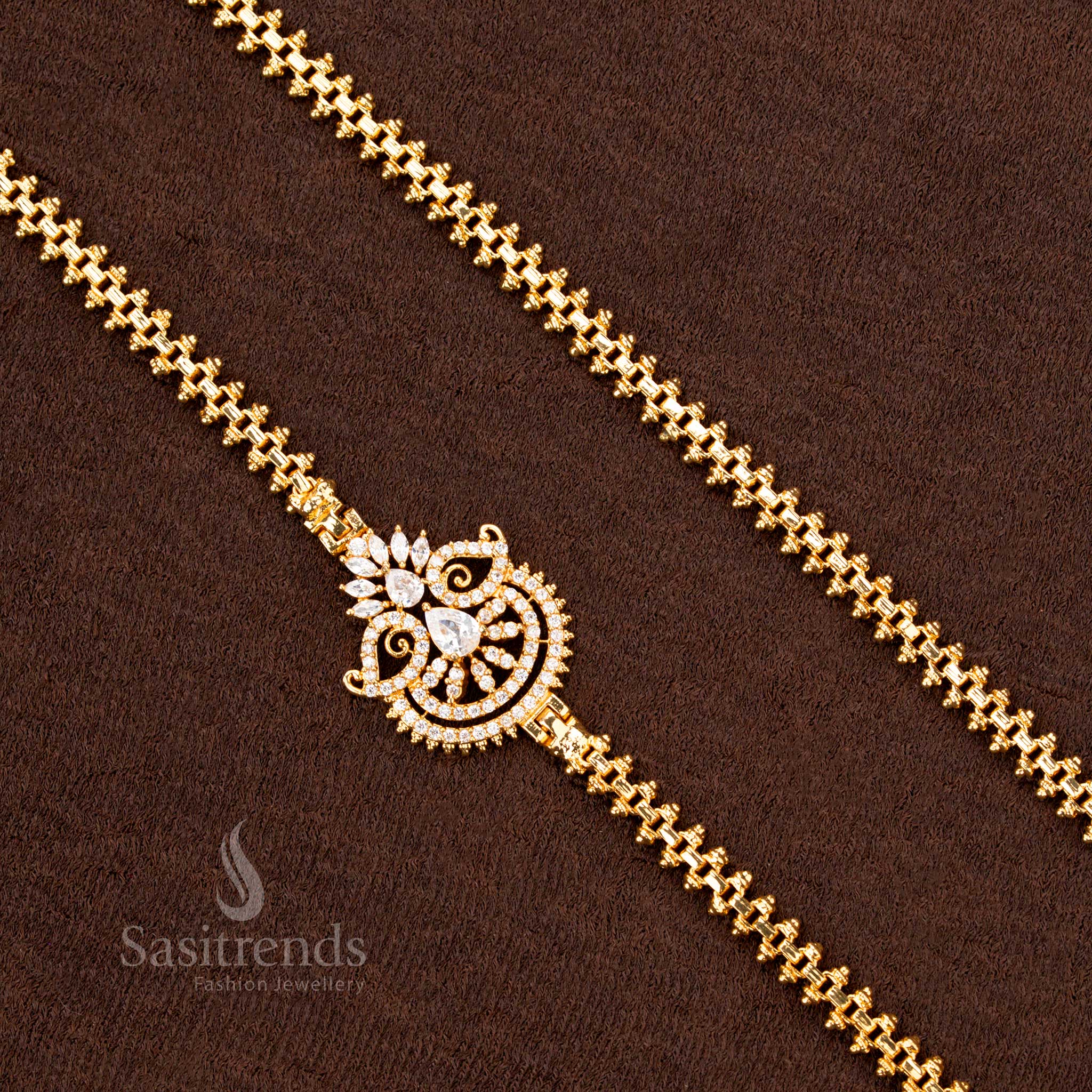  Exclusive white floral fan Mugappu chain, crafted with AD stones and micro gold plated for a grand one-gram traditional saree jewellery look - Sasitrends