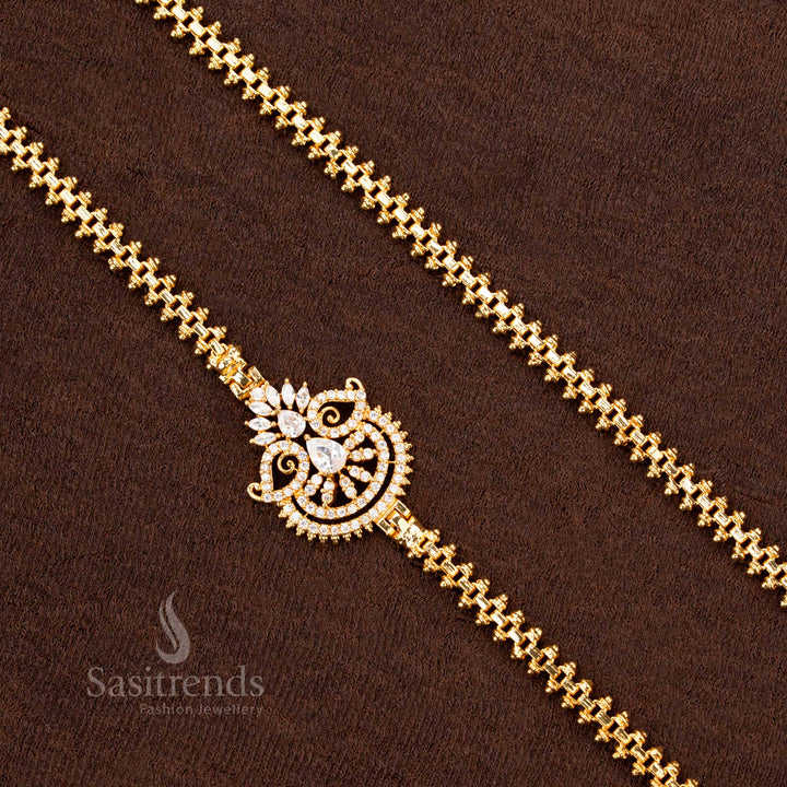  Exclusive white floral fan Mugappu chain, crafted with AD stones and micro gold plated for a grand one-gram traditional saree jewellery look - Sasitrends