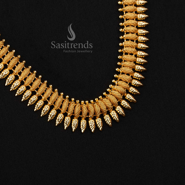 Elegant long traditional micro gold plated necklace with continuous linked leaf segments and detailed structured formation in 1 gram gold look finish by Sasitrends