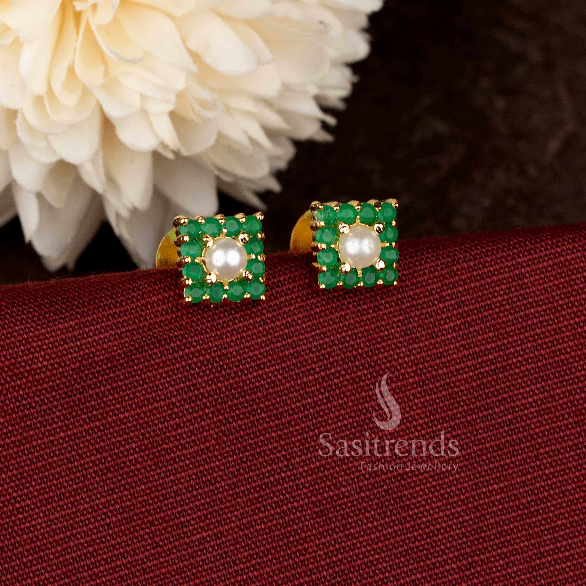 Micro gold plated square cluster green and pavalam stud earrings – Sasitrends