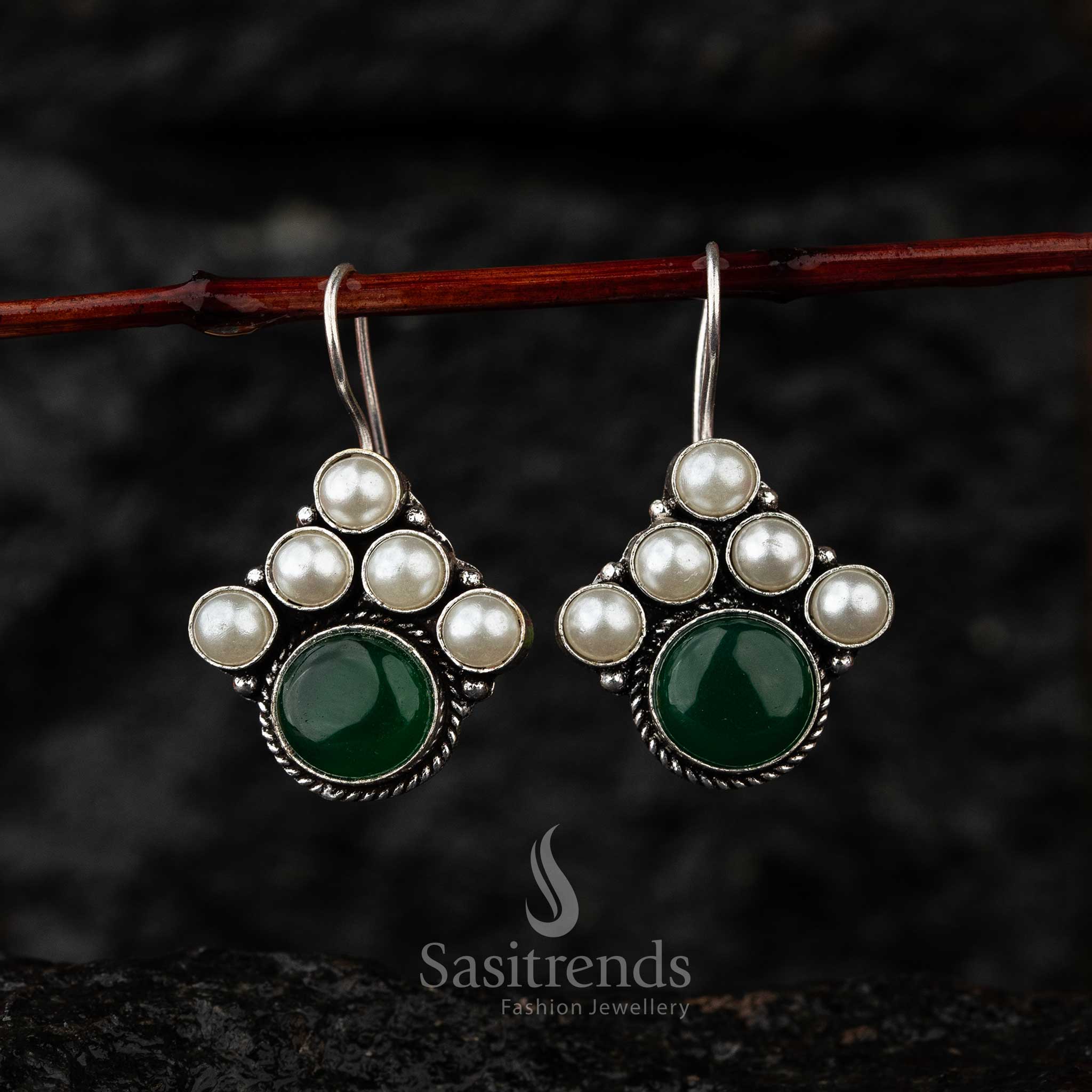 Green Monalisa Stone Oxidised Earrings Ideal for Fashion-Forward Festive Wear