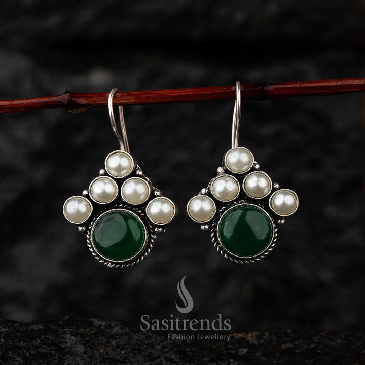 Green Monalisa Stone Oxidised Earrings Ideal for Fashion-Forward Festive Wear