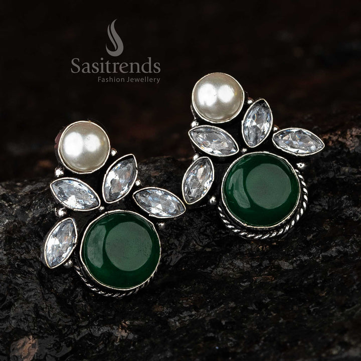 Green Monalisa Stone Oxidised Earrings, Perfect for Celebrating Navarathiri in Style