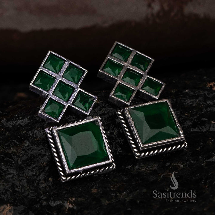 Green Oxidised Square Stone Earrings Sasitrends Online Shopping