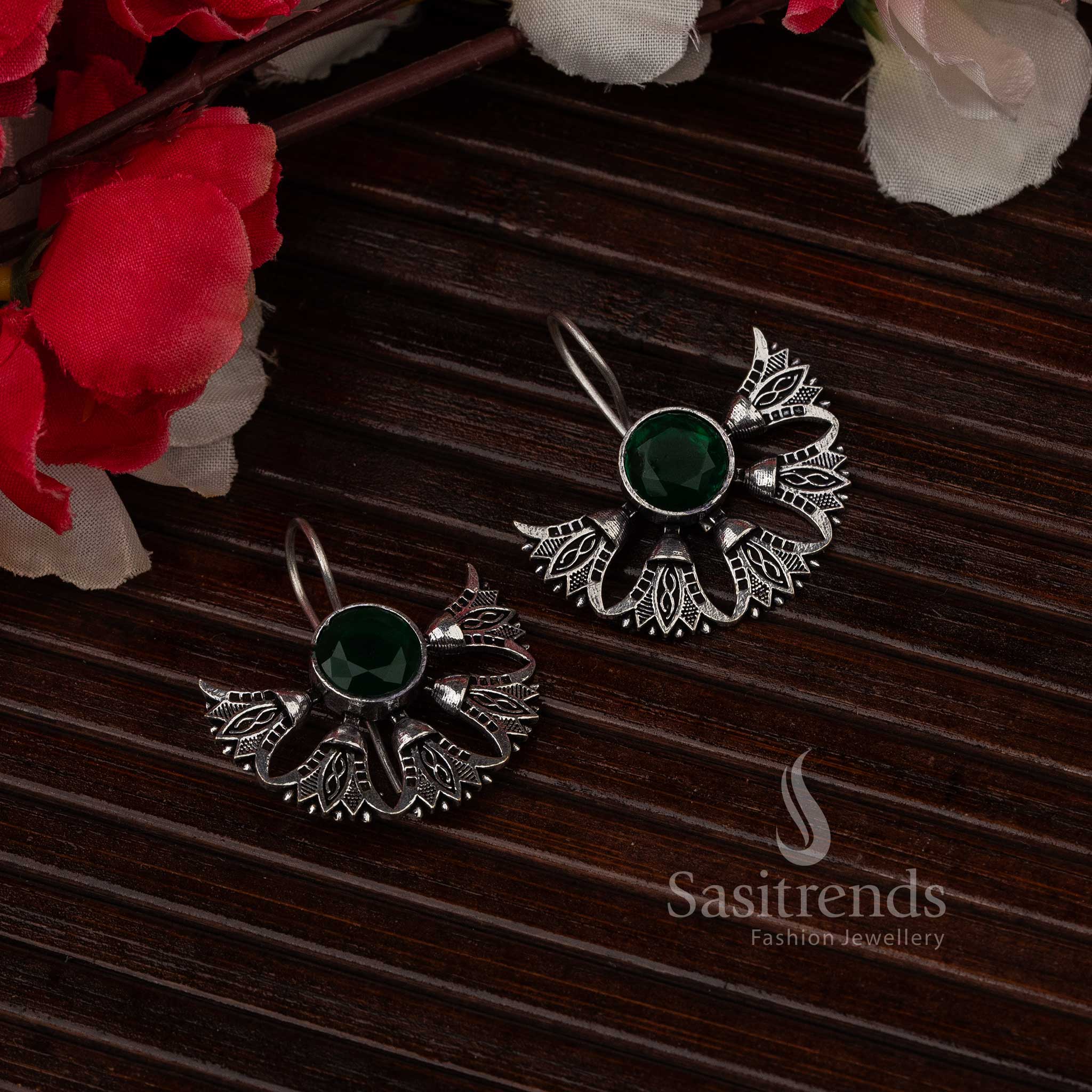 Green stone oxidised earrings, Navarathiri festive oxidised jewellery
