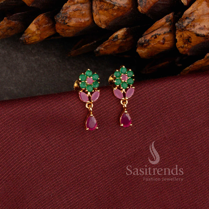 Sasitrends premium micro gold plated dangler earrings adorned with a brilliant teardrop AD stone stud and rich polished finish perfect for bridal and grand celebration wear.
