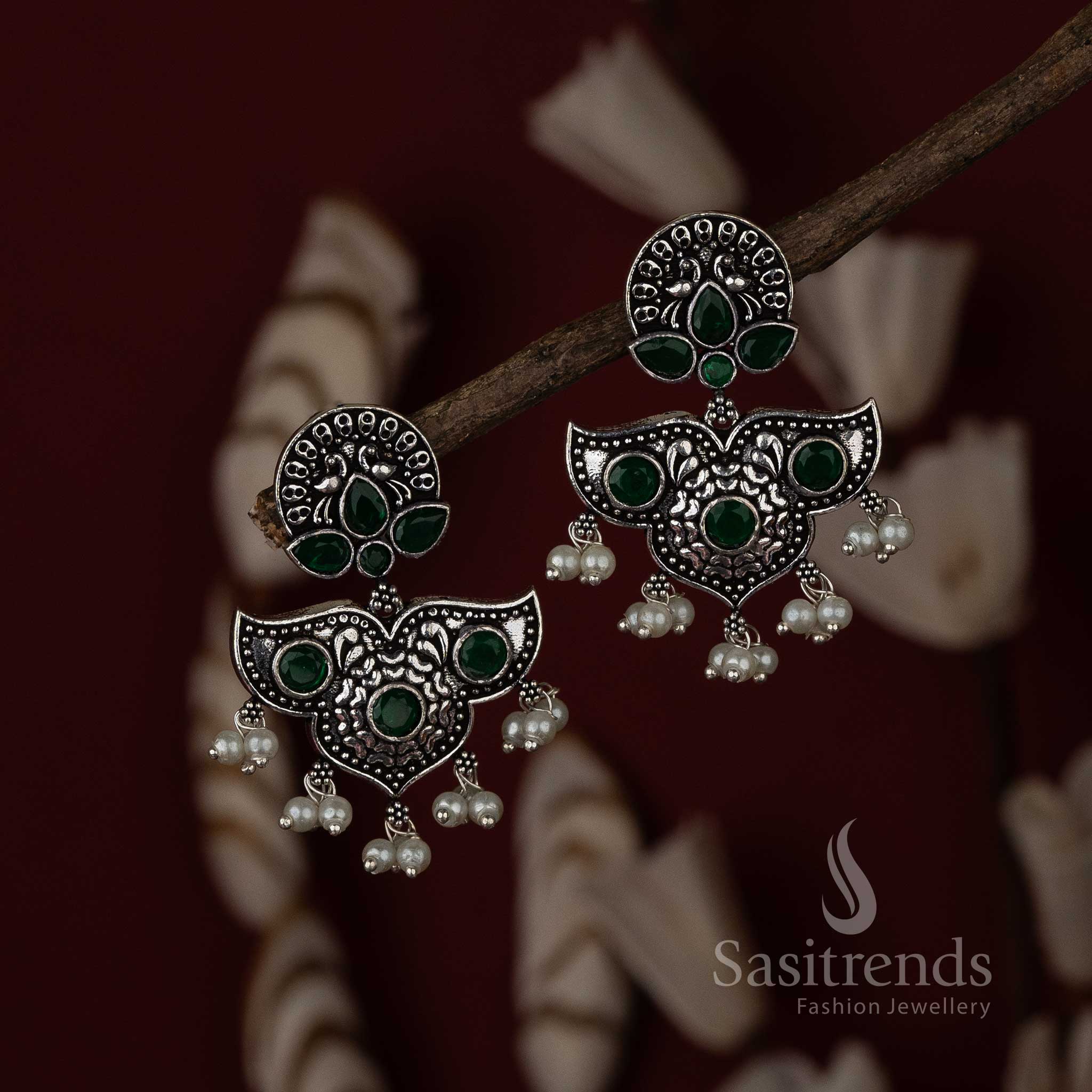 Green Stone Pearl Oxidised Navarathiri Earrings Sasitrends Online Shopping