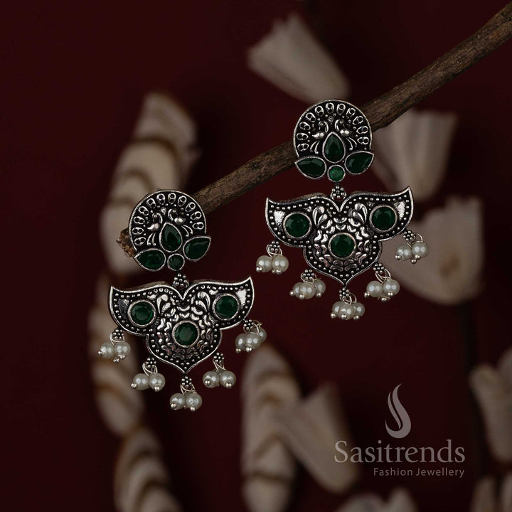 Green Stone Pearl Oxidised Navarathiri Earrings Sasitrends Online Shopping