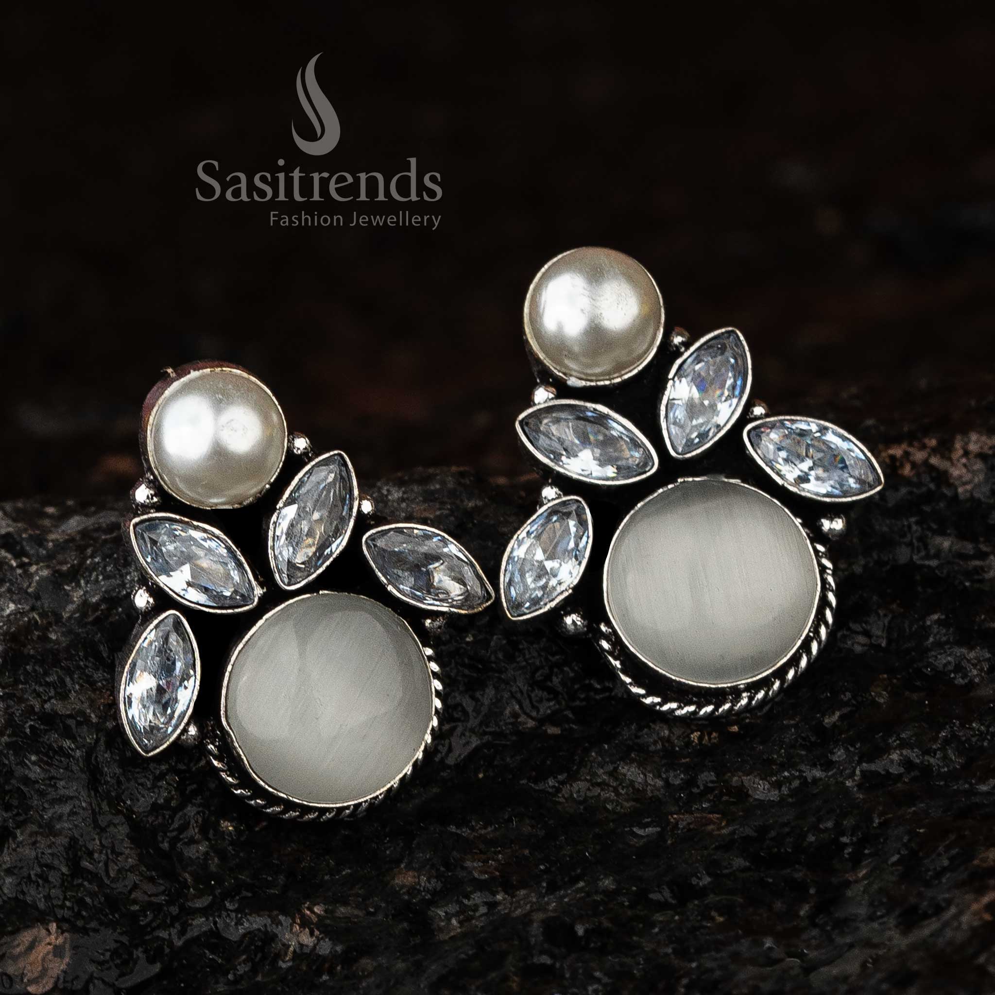 Grey Monalisa Stone Oxidised Earrings, Ideal for Fashionable Festive Wear