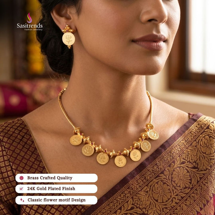 24K Micro Gold Plated Flower Coin Rose Motif AD Stone Necklace Jewellery set | Kerala Traditional Coin Design 1 Gram Jewellery